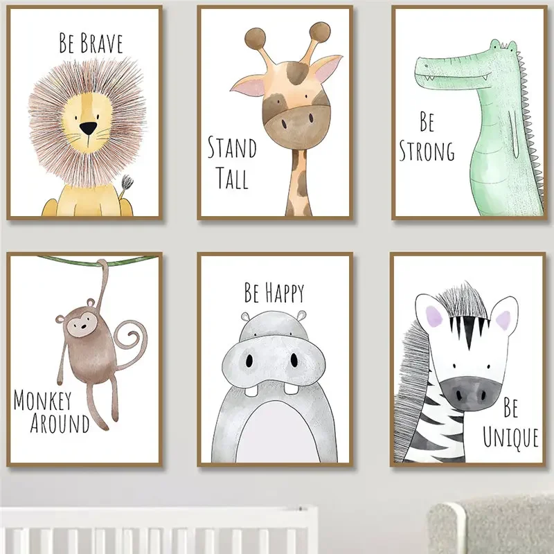 Baby Nursery Quotes Wall Art - ศิลปะติดผนังห้องเด็ก โปสเตอร์การ์ตูนสัตว์น่ารักพร้อมคำคมสร้างแรงบันดาลใจ ยีราฟ สิงโต จงกล้าหาญ ภาพพิมพ์บนผ้าใบสำหรับเด็กทารกและเด็ก
