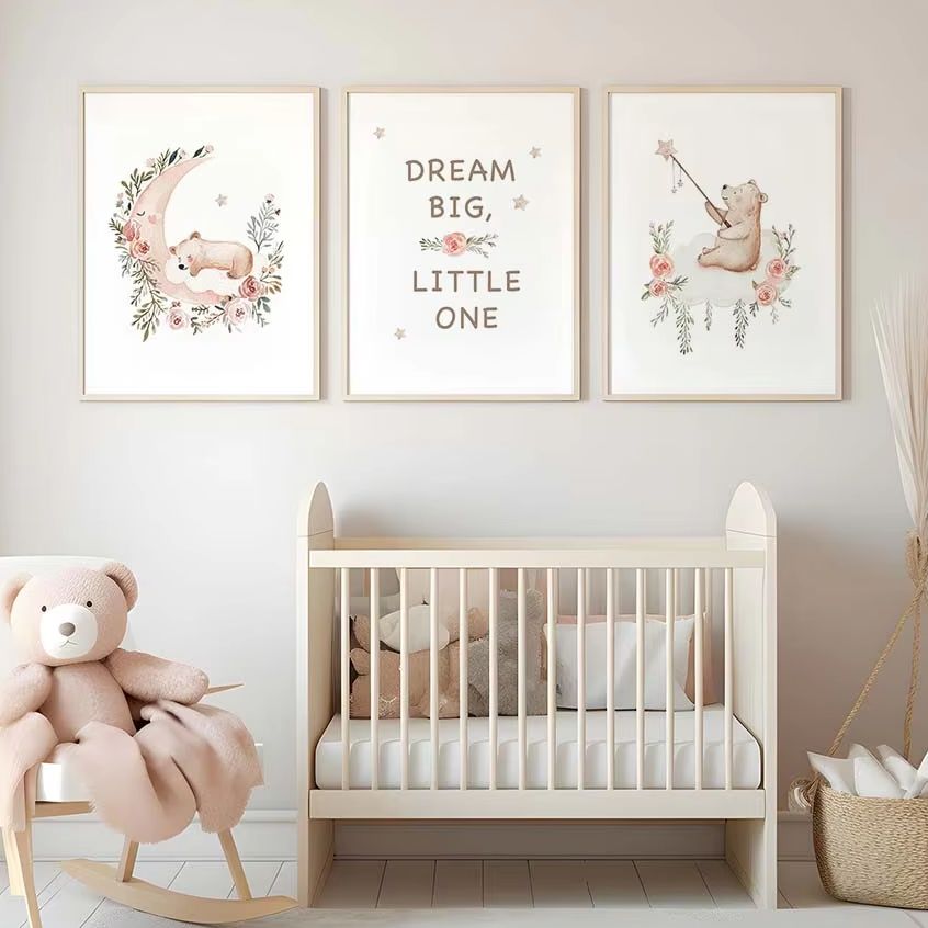 Baby Nursery Quotes Wall Art - ภาพศิลปะติดผนังลายดอกไม้สำหรับห้องเด็ก, ภาพวาดบนผ้าใบลายหมีเท็ดดี้น่ารักพร้อมคำคมเกี่ยวกับดวงจันทร์, โปสเตอร์สำหรับเด็กชายและเด็กหญิงตกแต่งห้องนอน