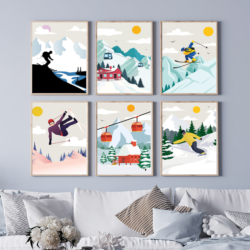 Baby Nursery Mountain Theme - ศิลปะบนผืนผ้าใบภูเขาหิมะสไตล์มินิมอล - ของตกแต่งธีมกีฬาสกีและสโนว์บอร์ดสำหรับโปสเตอร์และภาพพิมพ์ในห้องนั่งเล่น