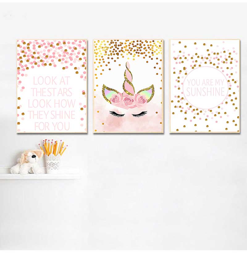 Baby Nursery Quotes Wall Art - ภาพตกแต่งห้องนอนเด็กผู้หญิง ตกแต่งห้องเด็ก ยูนิคอร์นสีชมพู คำคมตกแต่งห้องเด็ก ภาพพิมพ์บนผ้าใบติดผนัง สไตล์นอร์ดิก