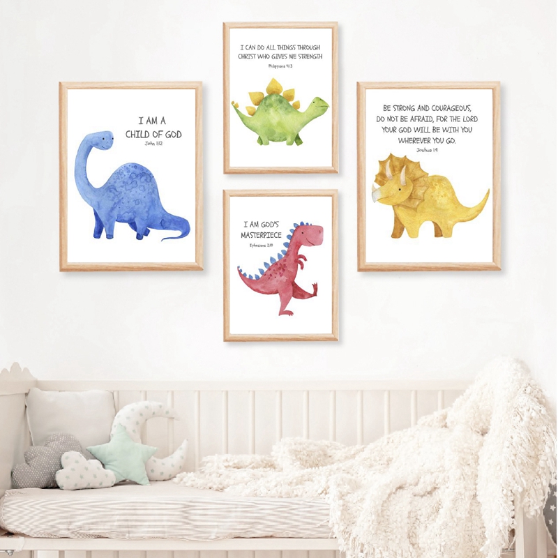 Baby Nursery Quotes Wall Art - เด็กข้อพระคัมภีร์อ้างพิมพ์ไดโนเสาร์Watercolour Nursery Wall Artภาพภาพวาดผ้าใบพระคัมภีร์โปสเตอร์ของขวัญเด็ก