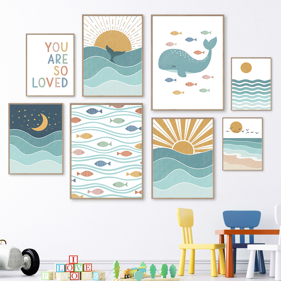 Baby Nursery Quotes Wall Art - (ภาพวาดบนผืนผ้าใบ 2 มิติ) ปลา วาฬ นกนางนวล
