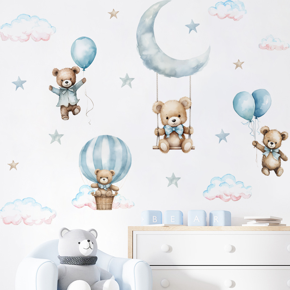 Baby Nursery Needs - สีน้ําหมี Hot Air บอลลูน Cloud สติ๊กเกอร์ติดผนังสีฟ้าสําหรับห้องเด็ก