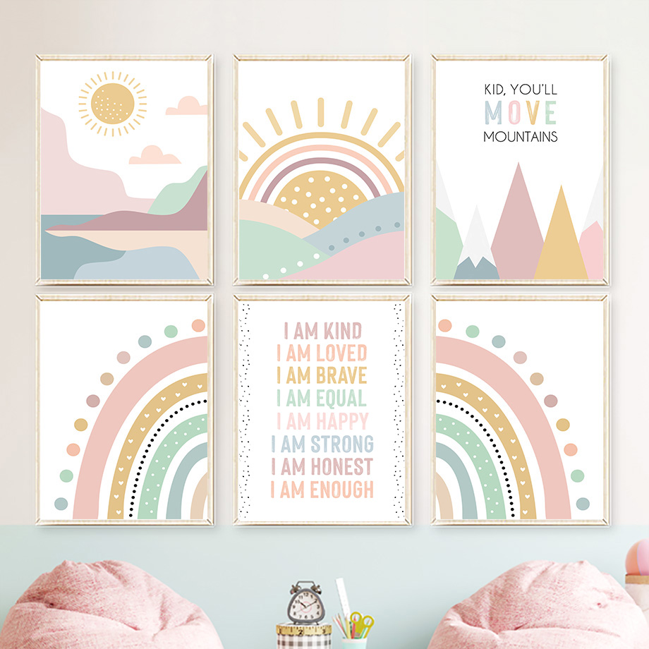 Baby Nursery Quotes Wall Art - คำคมสายรุ้งพระอาทิตย์บนภูเขาสีชมพู โปสเตอร์สไตล์โบฮีเมียน ภาพวาดบนผืนผ้าใบสำหรับตกแต่งผนัง เหมาะสำหรับห้องเด็ก