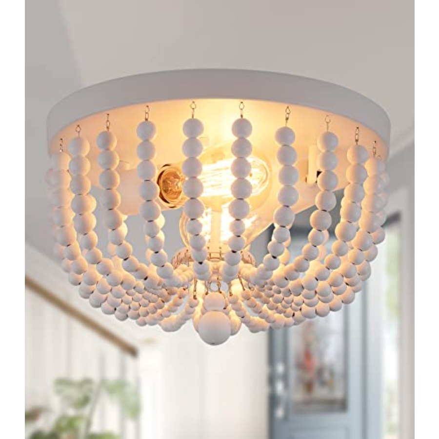 Baby Nursery Light Fixture - โคมไฟติดเพดานแบบฝัง, โคมไฟระย้าไม้ประดับลูกปัดสไตล์โบโฮ 2 ดวง สำหรับห้องเด็ก ห้องนอน
