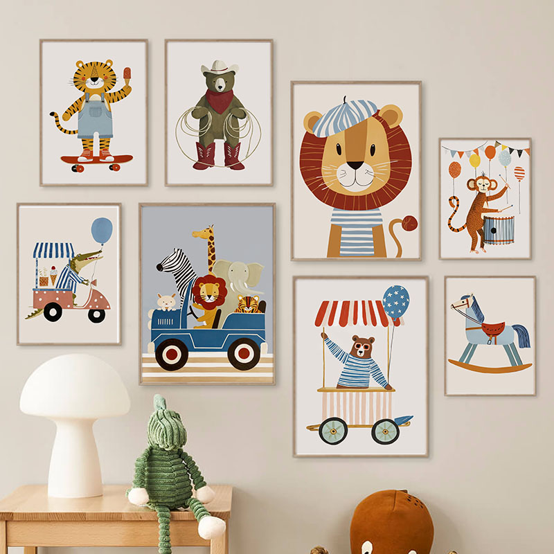 Baby Nursery Needs - ภาพวาดการ์ตูนสัตว์ตลกๆ สำหรับตกแต่งผนังห้องเด็ก ภาพพิมพ์บนผ้าใบ ลายสิงโต หมี เสือ