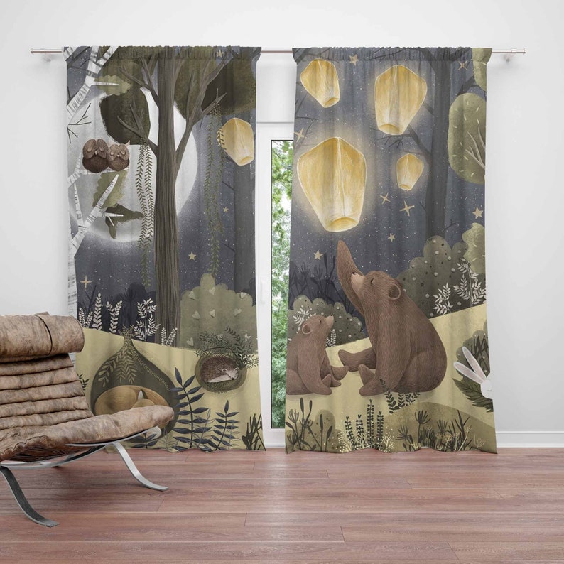 Baby Nursery Curtains - ผ้าม่านลายป่าไม้ ลายสัตว์ หมี สำหรับห้องนอนเด็ก ผ้าม่านกันแสงสำหรับห้องเด็ก ตกแต่งห้องเด็กอ่อน